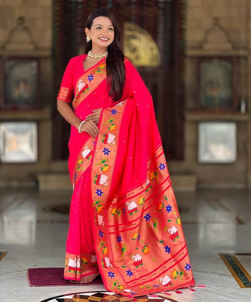 Pink elegant art silk woven saree with rich zari border
