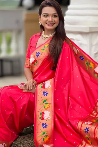 Pink elegant art silk woven saree with rich zari border
