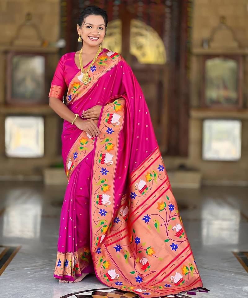 Magenta elegant art silk woven saree with rich zari border