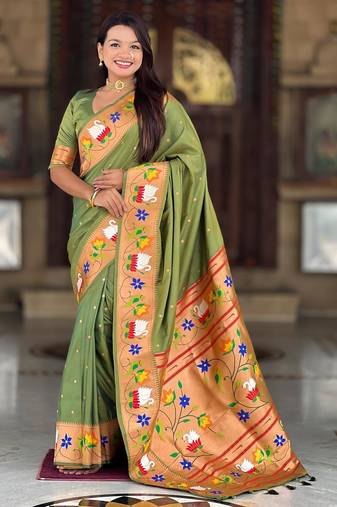Mehendi elegant art silk woven saree with rich zari border