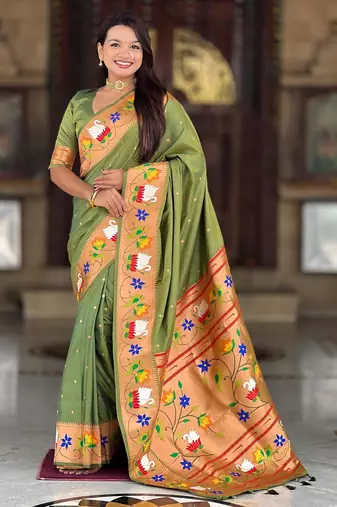 Mehendi elegant art silk woven saree with rich zari border