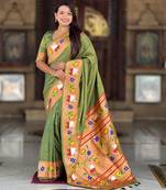 Mehendi elegant art silk woven saree with rich zari border