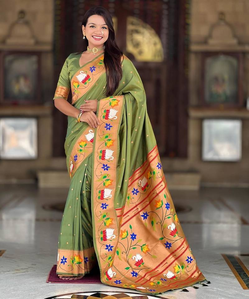 Mehendi elegant art silk woven saree with rich zari border