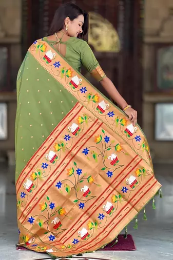 Mehendi elegant art silk woven saree with rich zari border