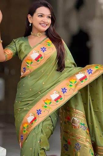 Mehendi elegant art silk woven saree with rich zari border