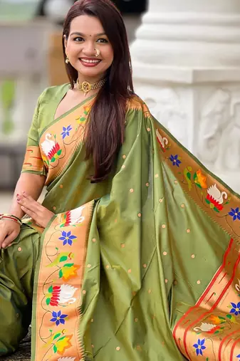 Mehendi elegant art silk woven saree with rich zari border