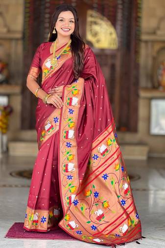 Maroon elegant art silk woven saree with rich zari border