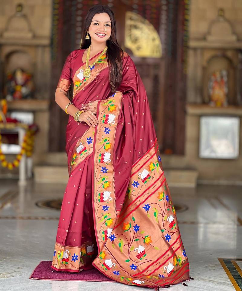 Maroon elegant art silk woven saree with rich zari border