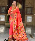 Orange elegant art silk woven saree with rich zari border