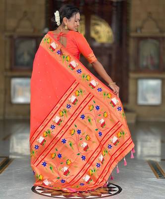 Orange elegant art silk woven saree with rich zari border 2