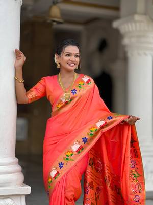 Orange elegant art silk woven saree with rich zari border 3