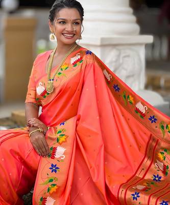 Orange elegant art silk woven saree with rich zari border 5