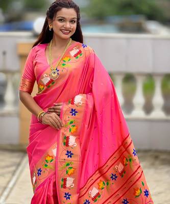 Peach elegant art silk woven saree with rich zari border 4