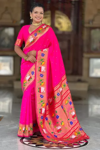Pink elegant art silk woven saree with rich zari border