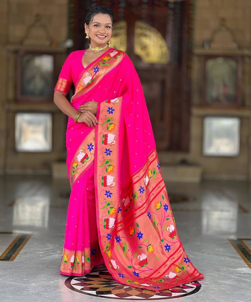 Pink elegant art silk woven saree with rich zari border
