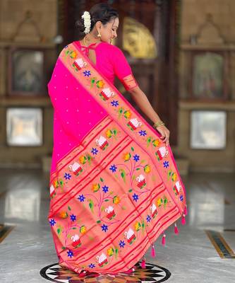 Pink elegant art silk woven saree with rich zari border 2