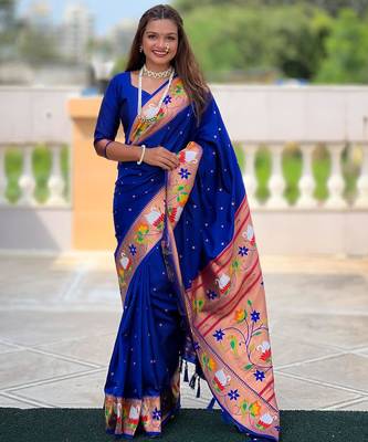  blue elegant art silk woven saree with rich zari border 1