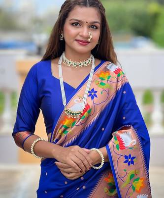  blue elegant art silk woven saree with rich zari border 2
