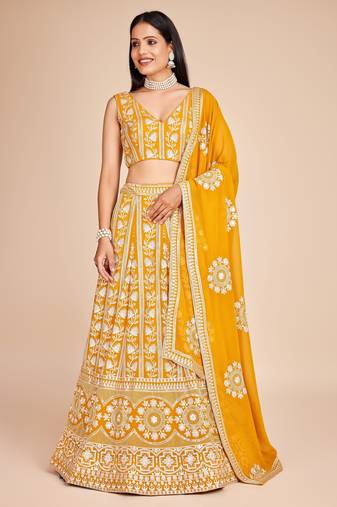 Designer Mustard Yellow Party Wear Lehenga with Heavy Thread & Sequins Work