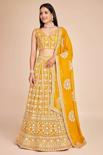 Designer Mustard Yellow Party Wear Lehenga with Heavy Thread & Sequins Work