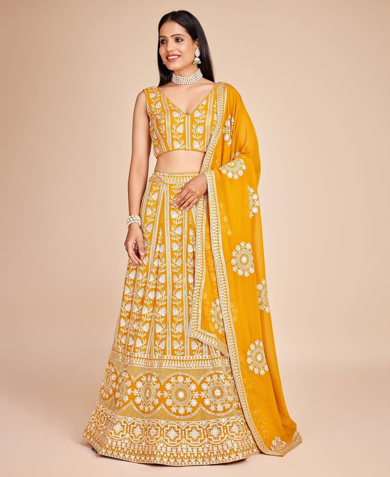 Designer Mustard Yellow Party Wear Lehenga with Heavy Thread & Sequins Work