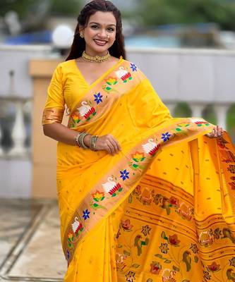 Yellow elegant art silk woven saree with rich zari border 4