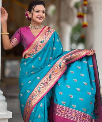 Turquoise elegant art silk woven saree with rich zari border 3