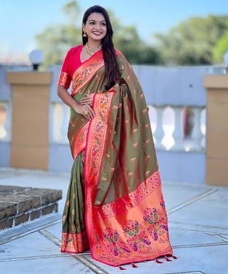 Mehendi elegant art silk woven saree with rich zari border 1