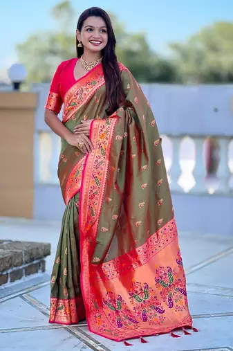 Mehendi elegant art silk woven saree with rich zari border