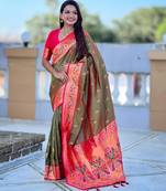 Mehendi elegant art silk woven saree with rich zari border