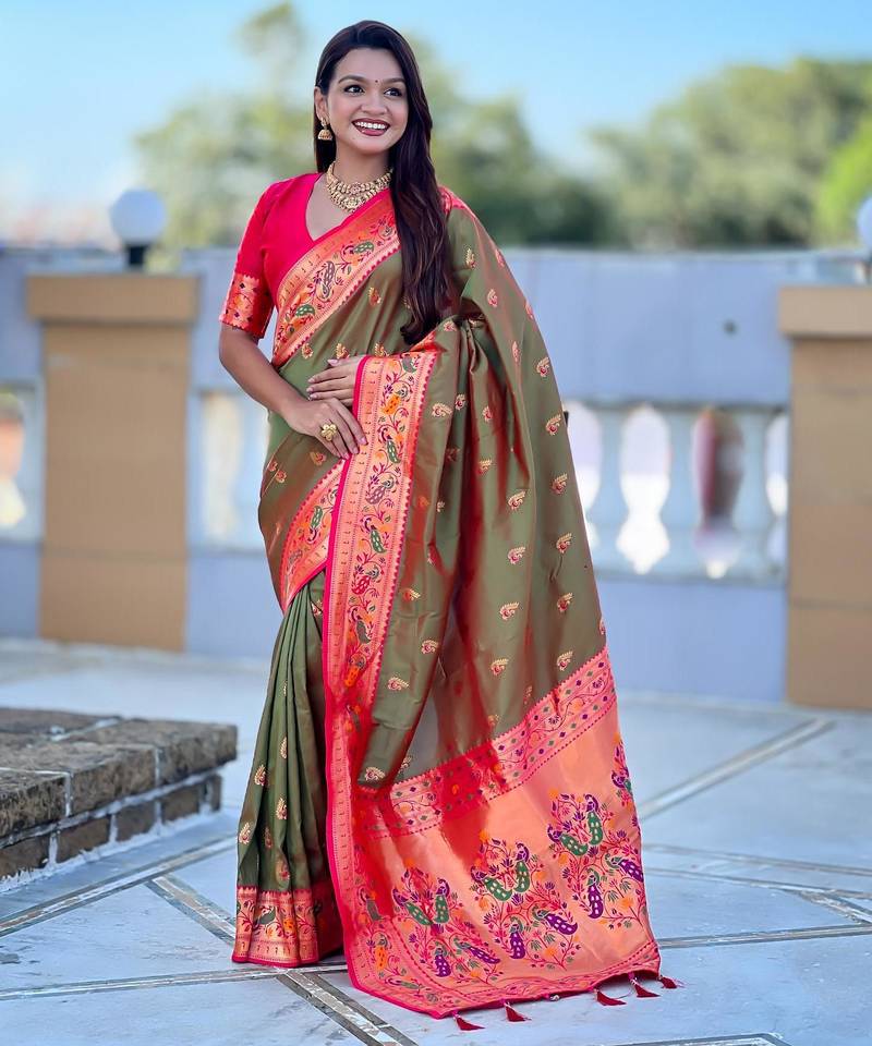 Mehendi elegant art silk woven saree with rich zari border