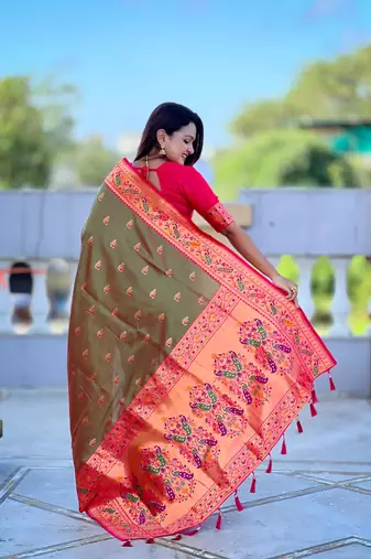 Mehendi elegant art silk woven saree with rich zari border