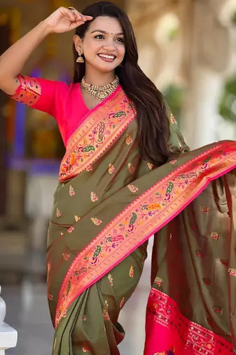 Mehendi elegant art silk woven saree with rich zari border