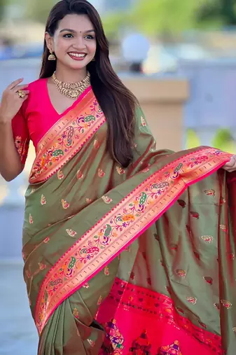 Mehendi elegant art silk woven saree with rich zari border