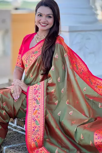 Mehendi elegant art silk woven saree with rich zari border