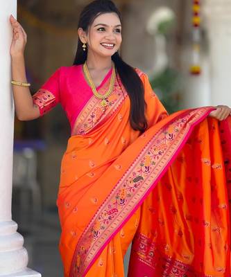 Orange elegant art silk woven saree with rich zari border 4