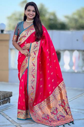 Pink elegant art silk woven saree with rich zari border