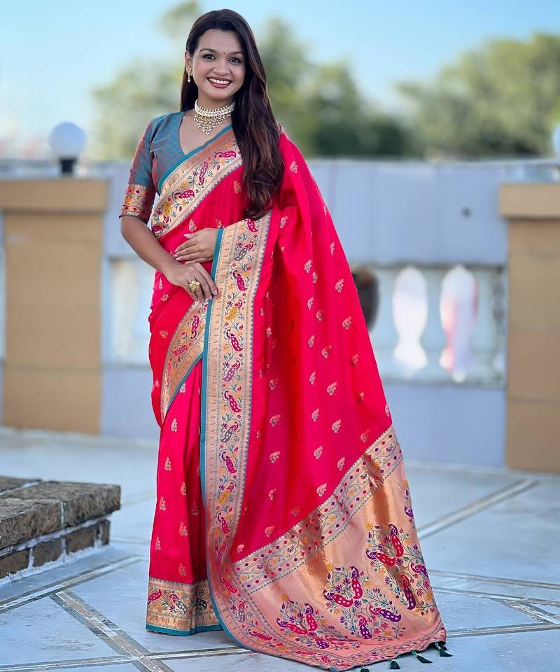Pink elegant art silk woven saree with rich zari border