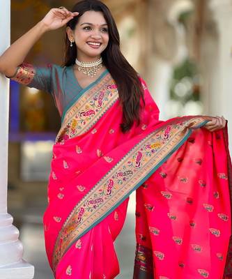 Pink elegant art silk woven saree with rich zari border 3