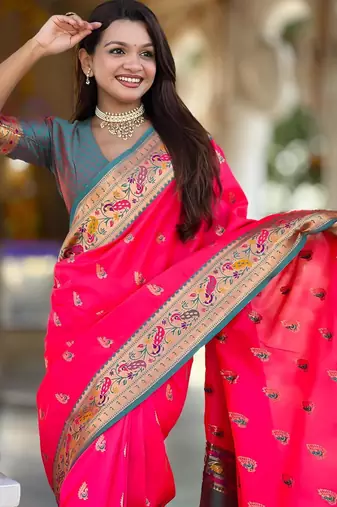 Pink elegant art silk woven saree with rich zari border