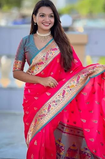 Pink elegant art silk woven saree with rich zari border