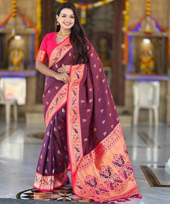 Wine elegant art silk woven saree with rich zari border 1
