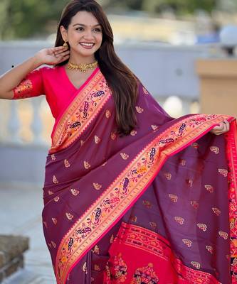 Wine elegant art silk woven saree with rich zari border 3