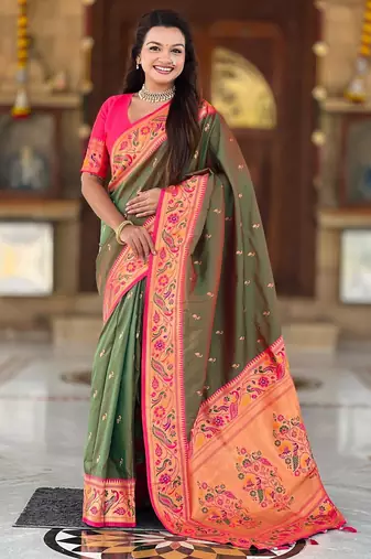 Mehendi elegant art silk woven saree with rich zari border