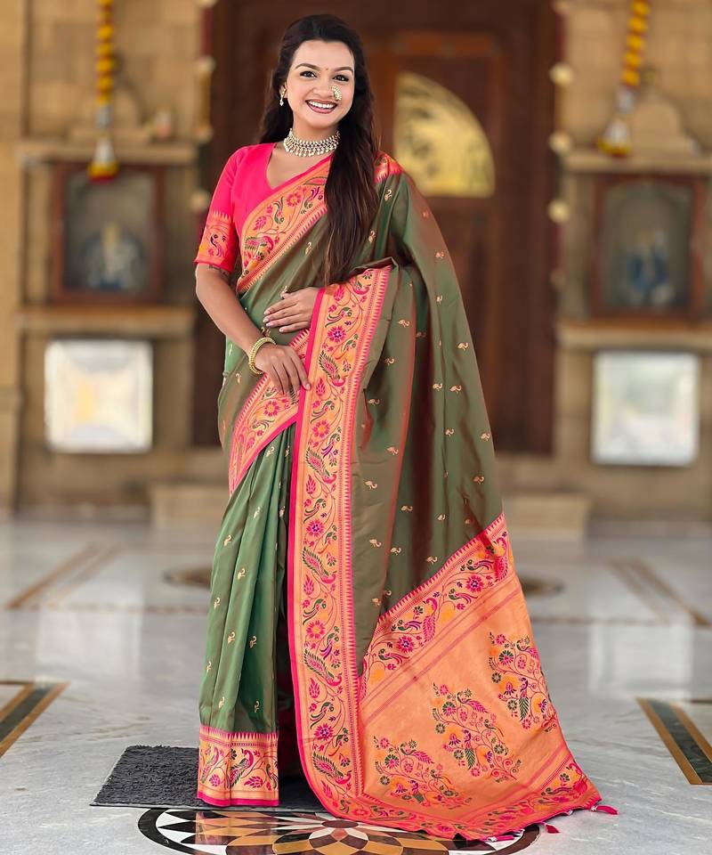 Mehendi elegant art silk woven saree with rich zari border