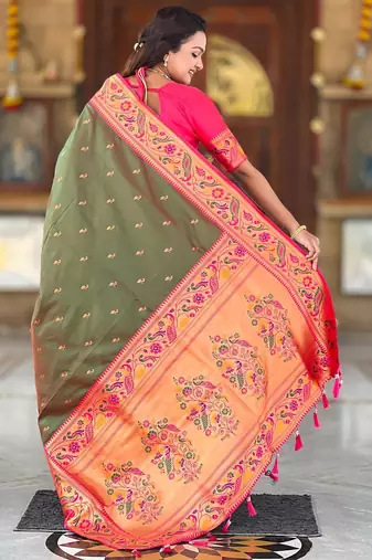 Mehendi elegant art silk woven saree with rich zari border
