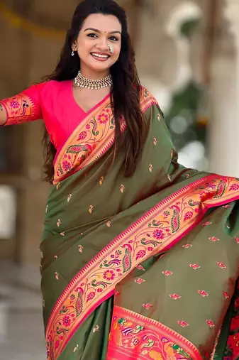 Mehendi elegant art silk woven saree with rich zari border