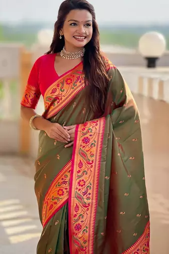 Mehendi elegant art silk woven saree with rich zari border