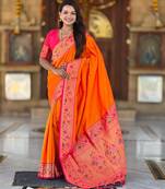 Orange elegant art silk woven saree with rich zari border