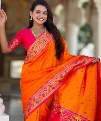Orange elegant art silk woven saree with rich zari border 3